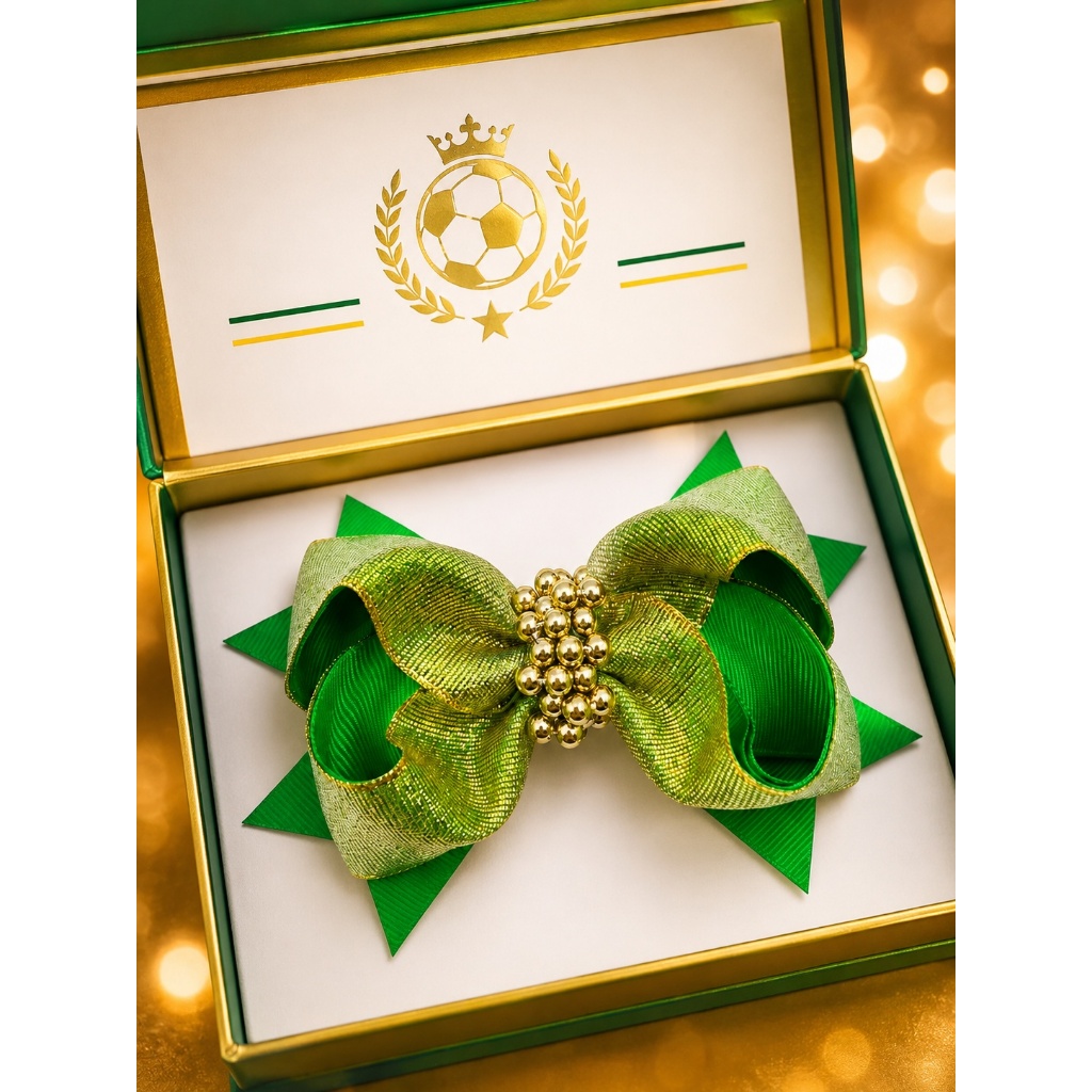 Laço Grande Boutique Infantil Verde Dourado Pérolas Menina Cabelo Festa Formatura Aniversário Presente Lembrancinha