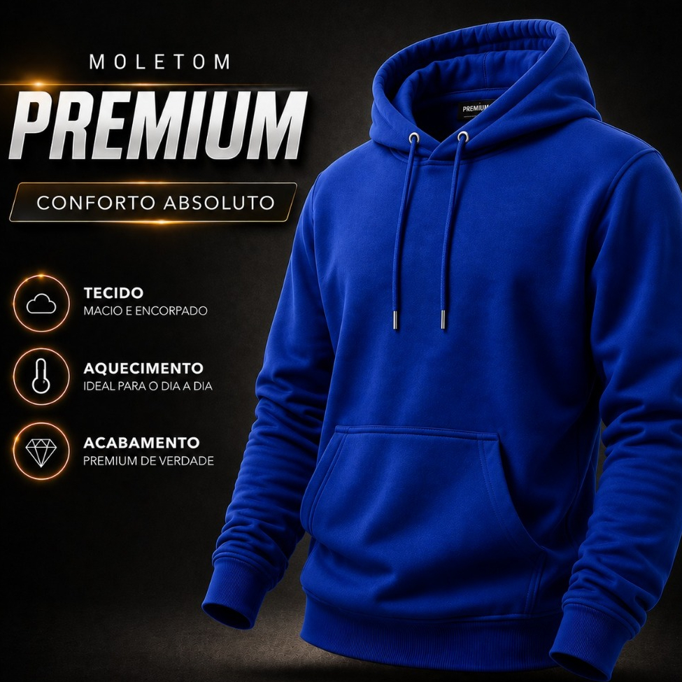 Moletom Canguru Quentinho Premium, Azul ROYAL Grosso Flanelado Inverno Unissex Capuz Cordão Estilo