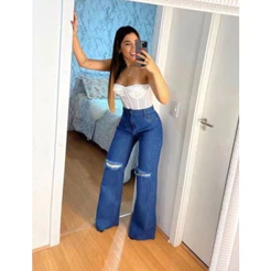 calça wid leg feminina Jeans Cintura Alta Cós Alto Grossa Cinza Grafit Marmorizada