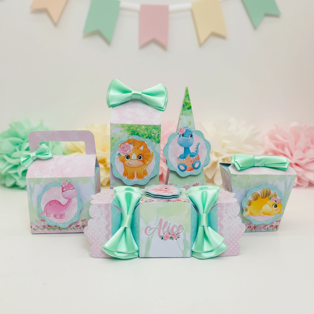 Kit Festa Dinossauro Baby Menina Personalizado | Kit Festa Completo | Caixas para Doces e Lembrancinhas