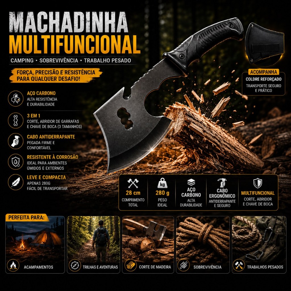 Machadinha Tática Multifuncional Camping Sobrevivência Aço Carbono Com Bainha