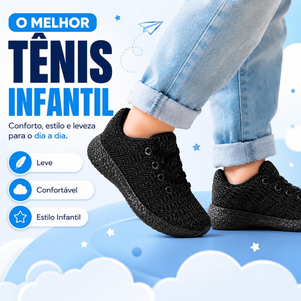 Tênis Infantil Menino Preto Leve Macio Confortável Casual Esportivo Escolar Com Cadarço