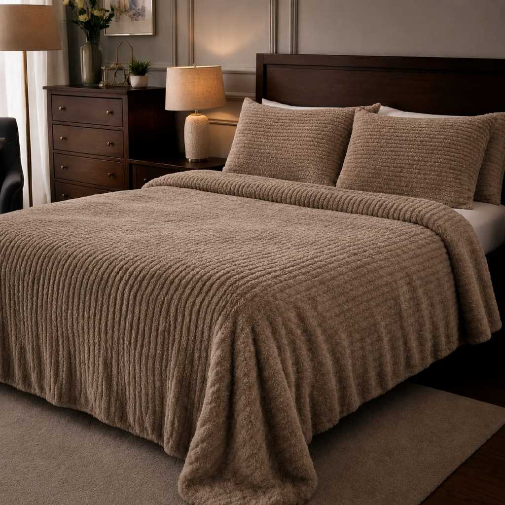 Kit Cobre Leito Colcha Canelada Queen 3Peças ( 2,50m x 2,30m)+2Fronhas-Flannel Premium Aveludado