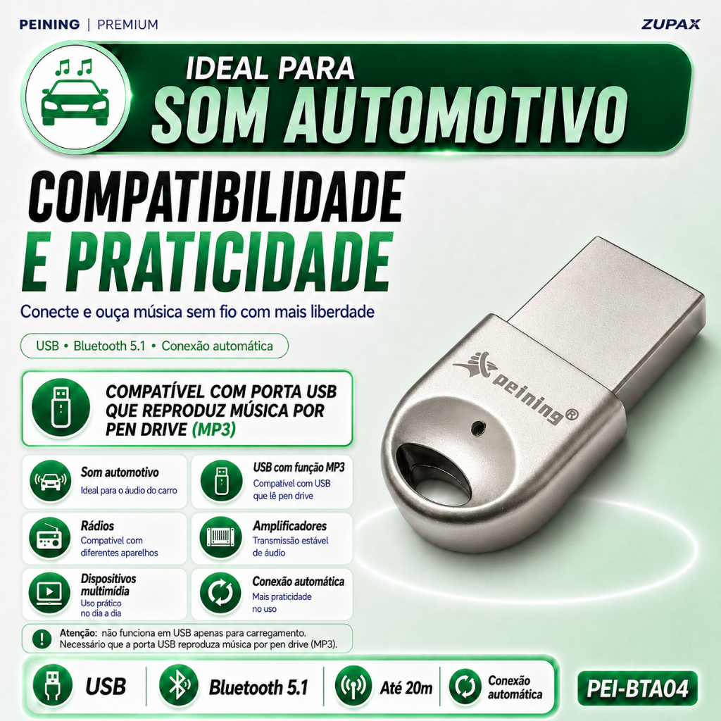 Adaptador Bluetooth Som Automotivo USB V5.1 Peining PEI-BTA04 Car Connect Receptor de Música