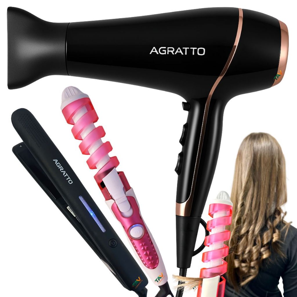 KIT SECADOR DE CABELO DELLA E CHAPINHA FINA BIVOLT E MODELADOR DE CACHOS 32MM