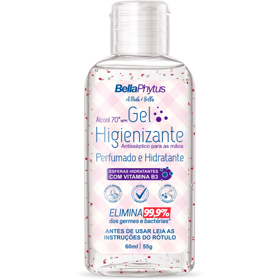 Gel Higienizante 70ºINPM Bellaphytus 60ml Perfumado Microesferas B3 Mãos Toque Seco Hidratante