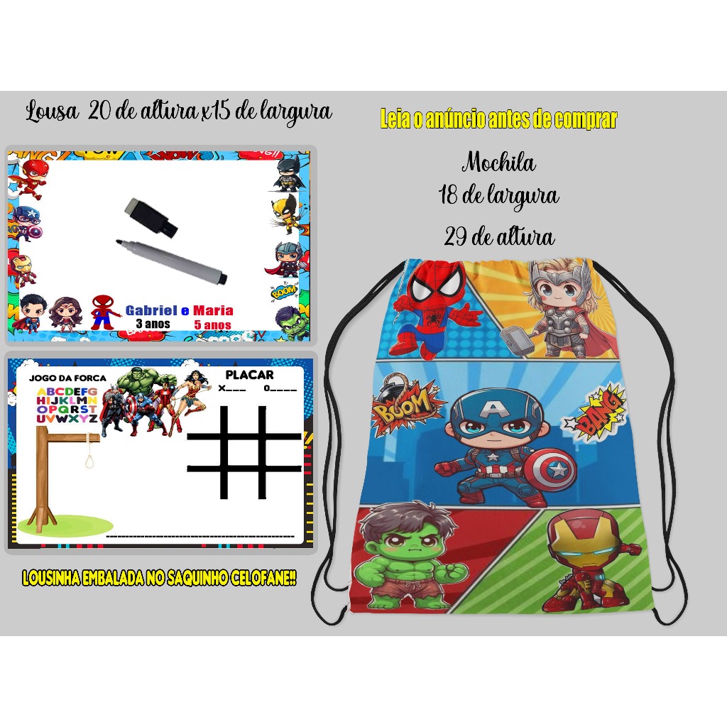 kit mochila e lousa personalizada Super Herois da Marvel
