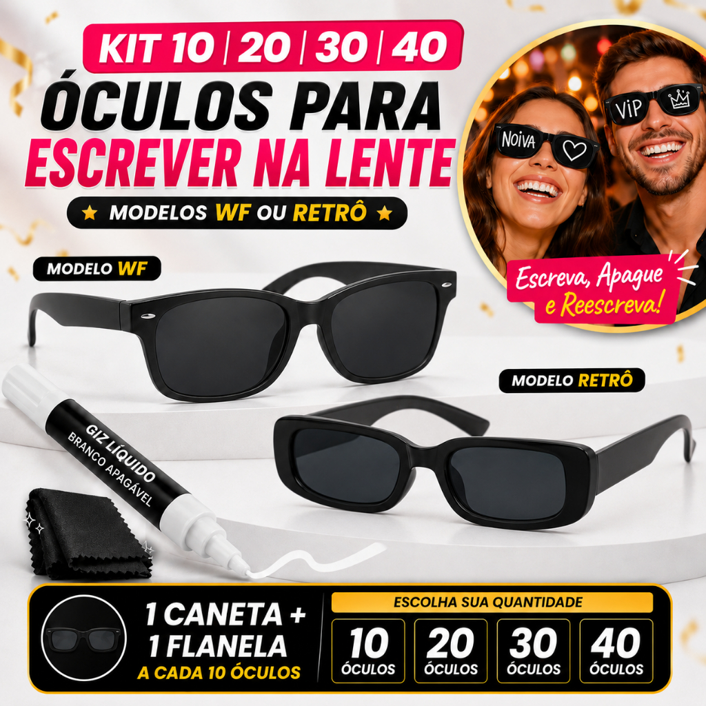 Kit 10 20 30 40 Óculos Escuros WF Retrô Para Escrever Na Lente Caneta Giz Flanela Festa Balada Boate