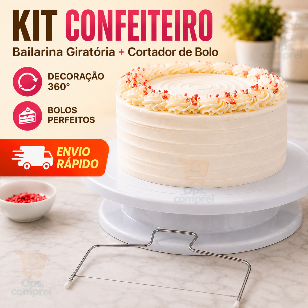 Kit Confeiteiro Base Giratória Cortador De Bolo Cozinha Confeitaria Casa