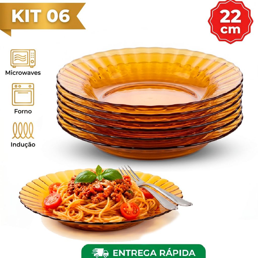 Jogo 6 Prato Fundo Âmbar decorado storn 22cm importado Resistente marrom Semelhante a kit Duralex