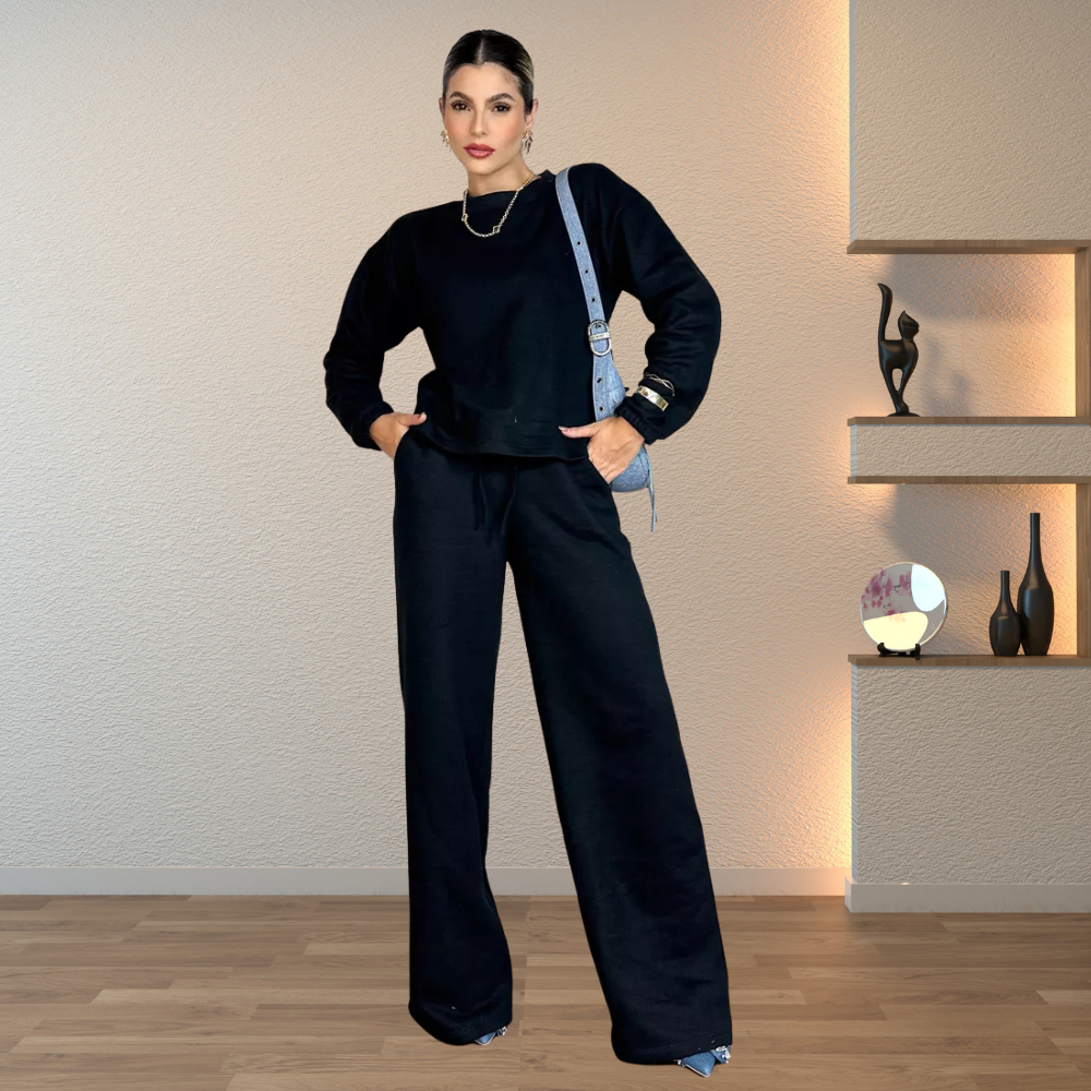 Conjunto Feminino Moletom Wide Leg Quentinho Algodão Flanelado Blusa e Calça Flare Pantalona