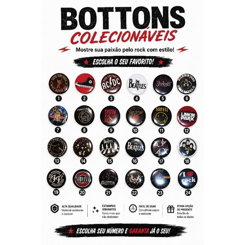 kit 10 Bottons rock,bottons iron maiden,nirvana,link park,pink Floyd,foo figters,led Zeppelin,slipknot,the neighbourhood