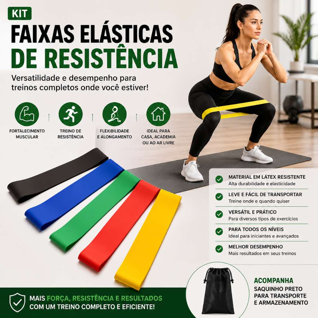 Kit 5 Elástico de Treino Faixa Elastica Mini Band Treino Funcional em Casa Fisioterapia 5 Niveis