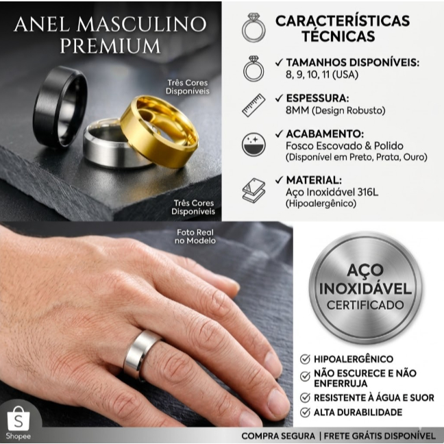 Anel Masculino Aço Inoxidável 8mm Fosco Escovado Presente Homem Anel Estilo Preto Dourado Prata