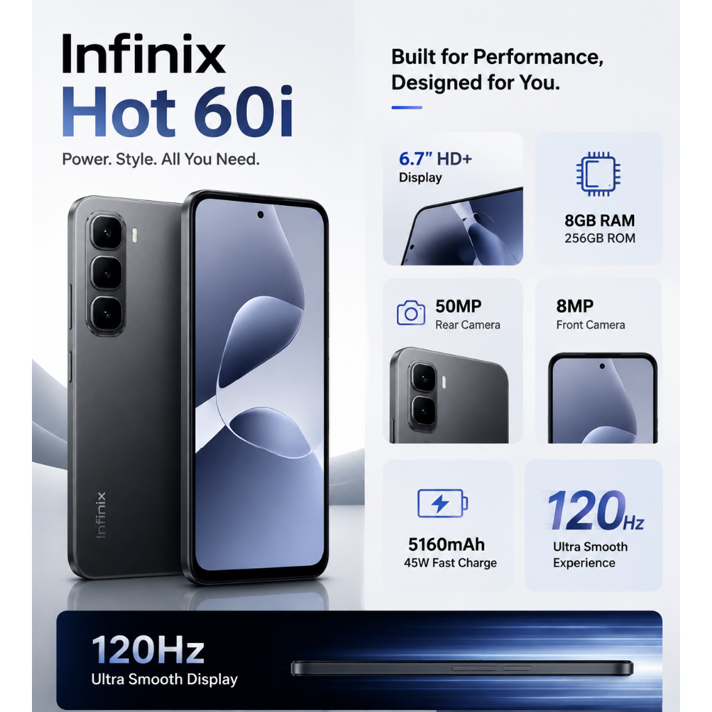 Infinix Hot 60i 256GB + 8GB RAM, Bateria 5160mAh, Carreg. 45W,Tela 120Hz, Botão AI, NFC