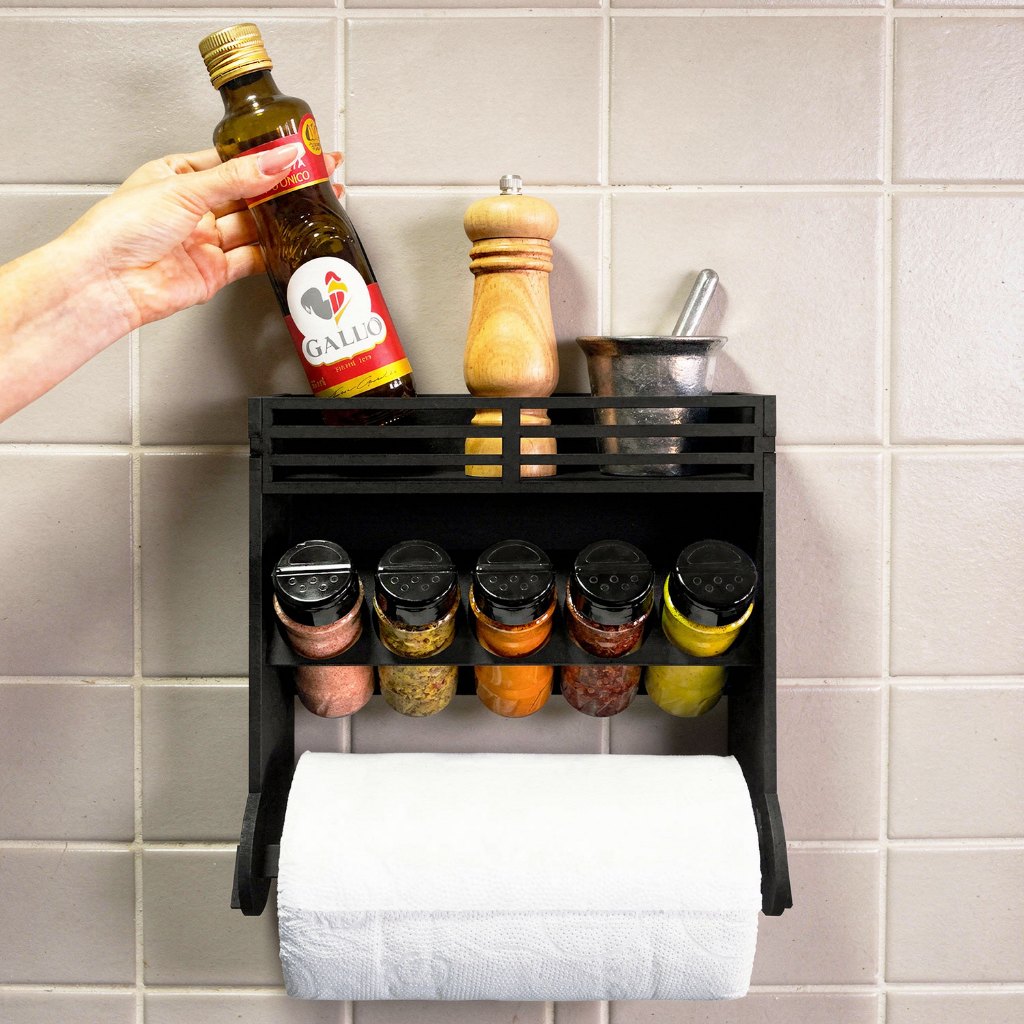 Porta Temperos de Parede 5 Potes 130ml Tampa Dupla + Buchas e Etiquetas Organizador Completo Cozinha