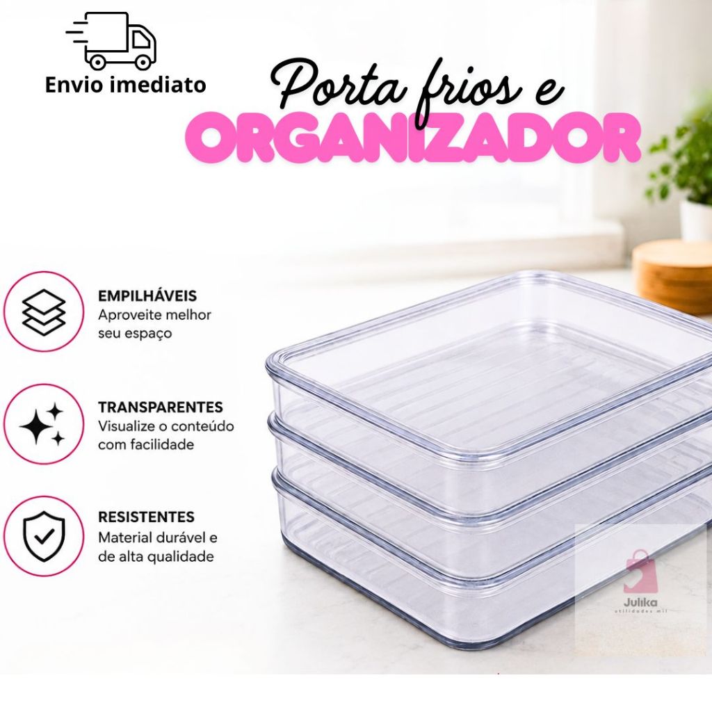 Organizador de Geladeira Porta Frios Kit 3 Potes Transparentes com Tampa Empilháveis
