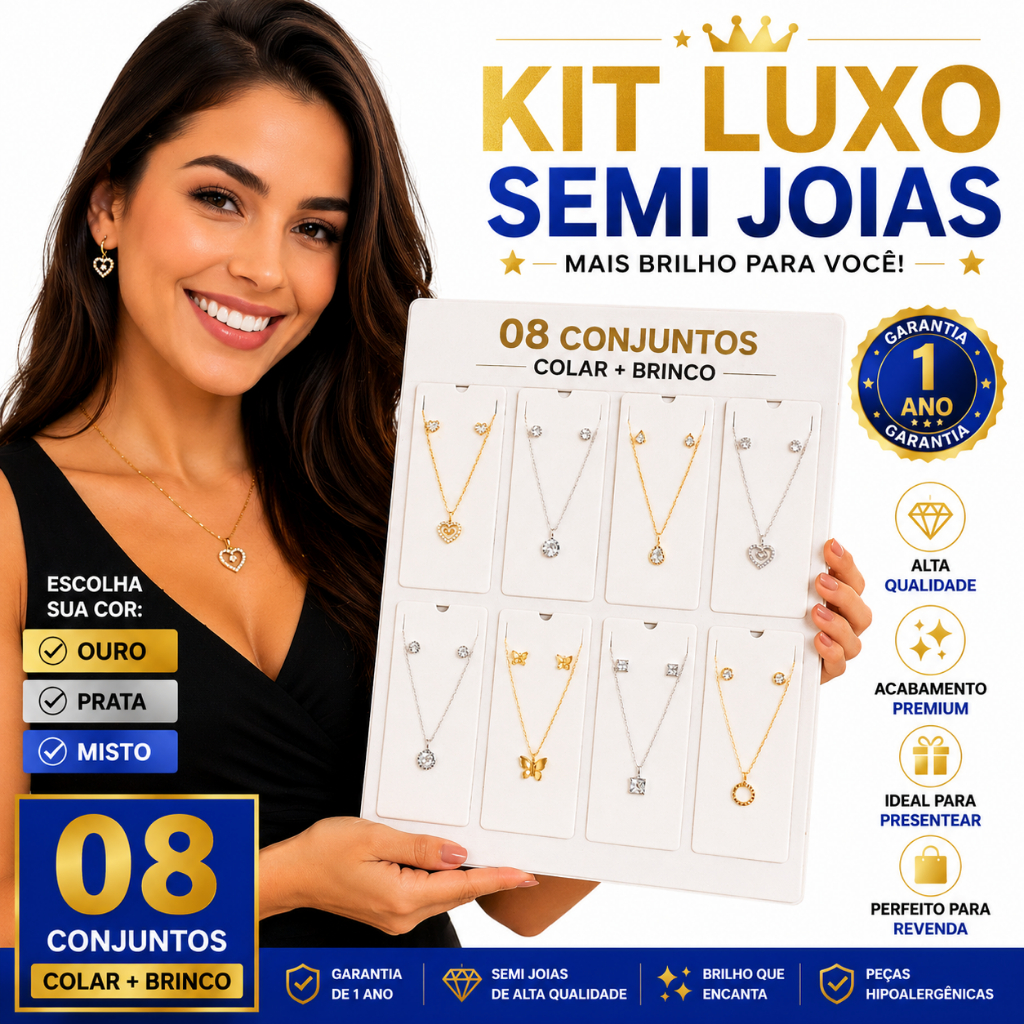 08 Conjuntos de Semi Joias Femininas Luxo Colar + Brinco Kit Revenda Com Garantia 1 Ano