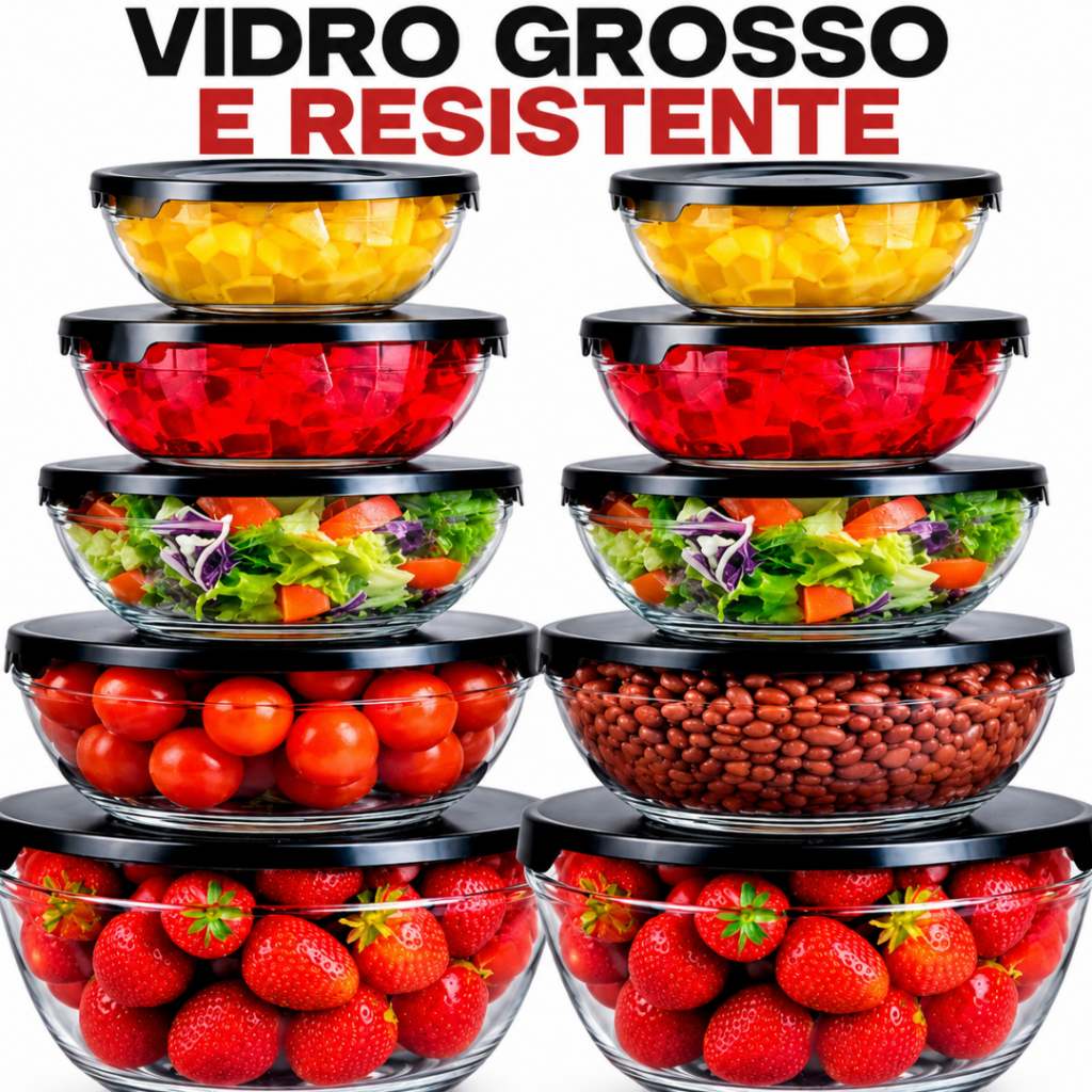 Kit 5 Potes De Vidro Com Tampa Para Mantimentos Microondas Freezer Lava Louças Organização Cozinha