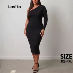 Lovito Vestido Plus Size de Malha Canelada com Uma Manga Só DRB472BRL502