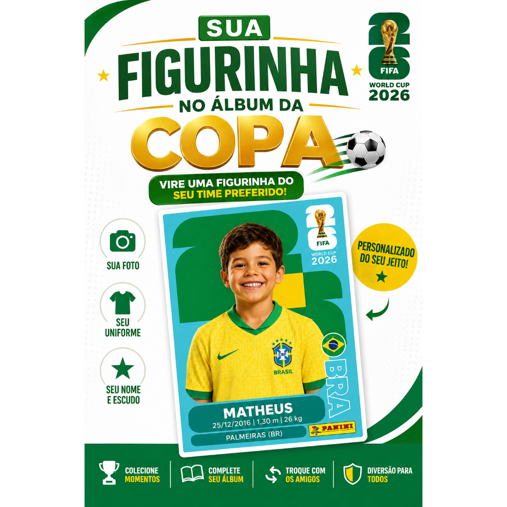 Kit 2 Figurinhas Personalizadas Copa 2026 | Figurinha com Foto Infantil Estilo Álbum Futebol | Presente Criativo Criança