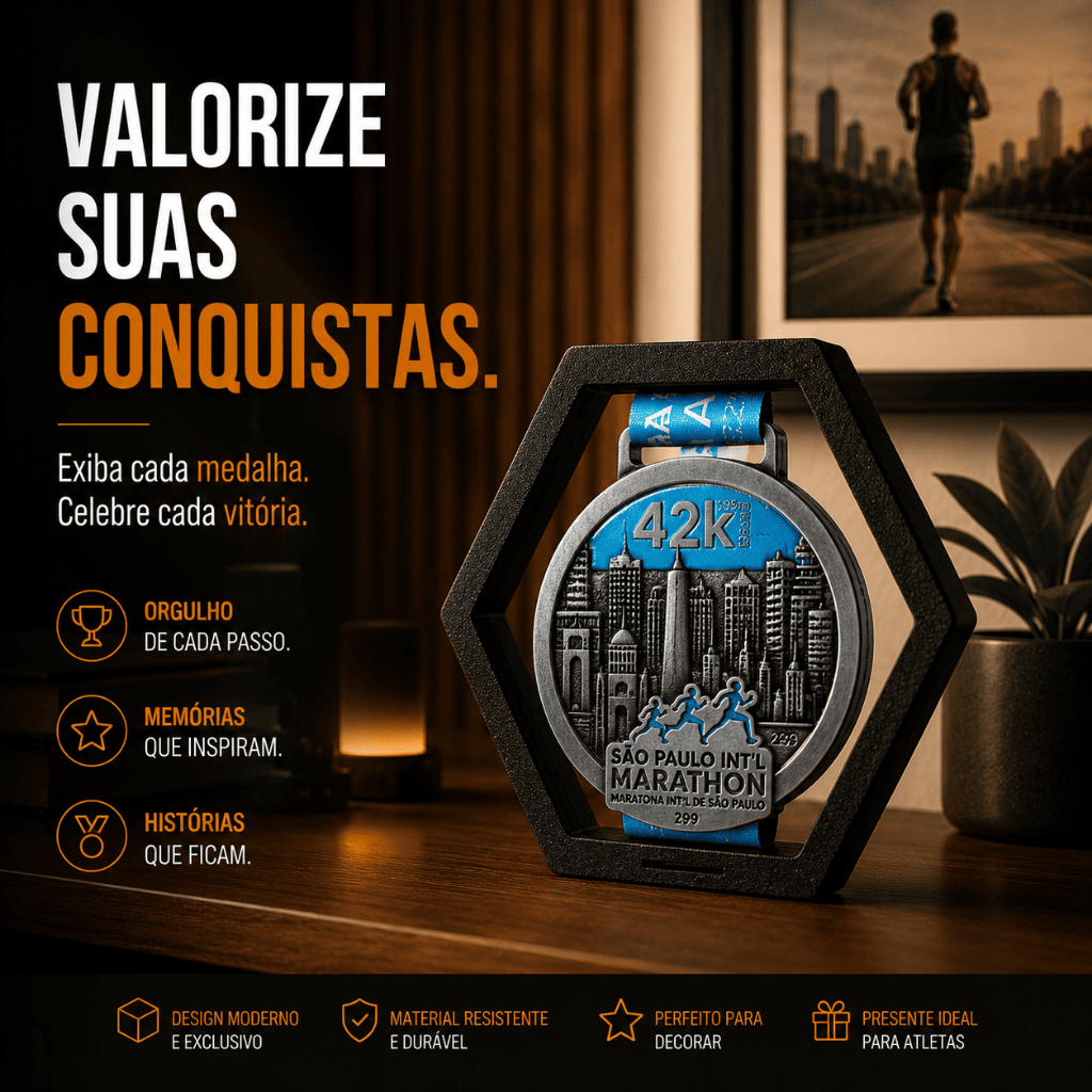 Porta Medalha Destaque Decorativo Individual Hexagonal Modular Premium Corrida Academia Jiu Jitsu