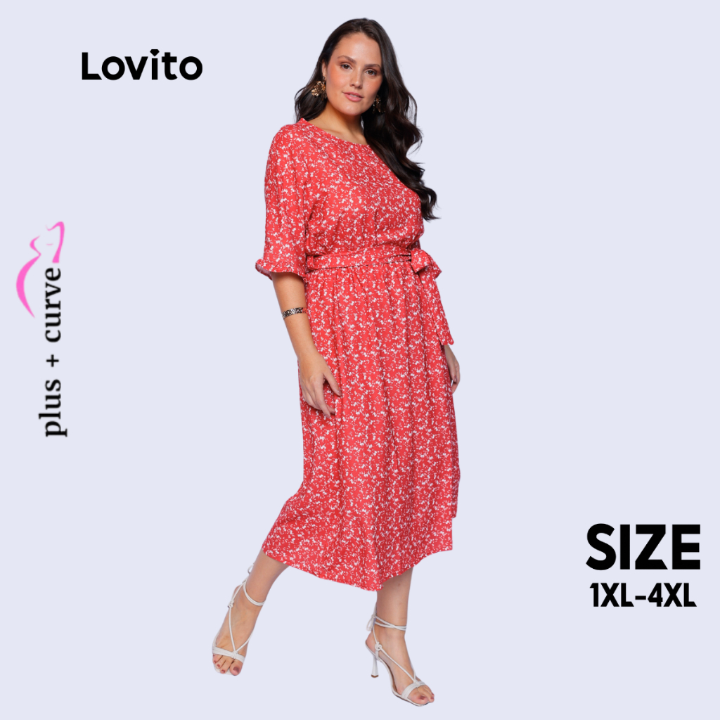 Lovito Vestido Plus Size Estampado com Amarração Cintura DRB273BRL302