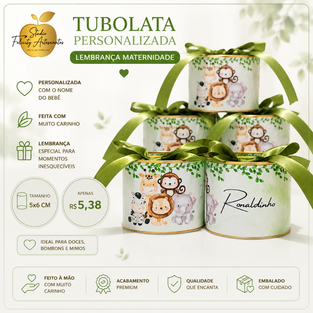Kit Tubolata Personalizada 5x6 | Lembrancinha Safari Festa Infantil, Chá de Bebê e Maternidade | Diversos Temas