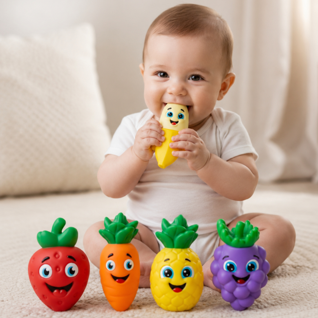 Mordedor Chocalho Frutas Vegetais Vinil Atóxico Livre Ftalato Massageador Gengiva Sensorial Dentição 2 Meses INMETRO