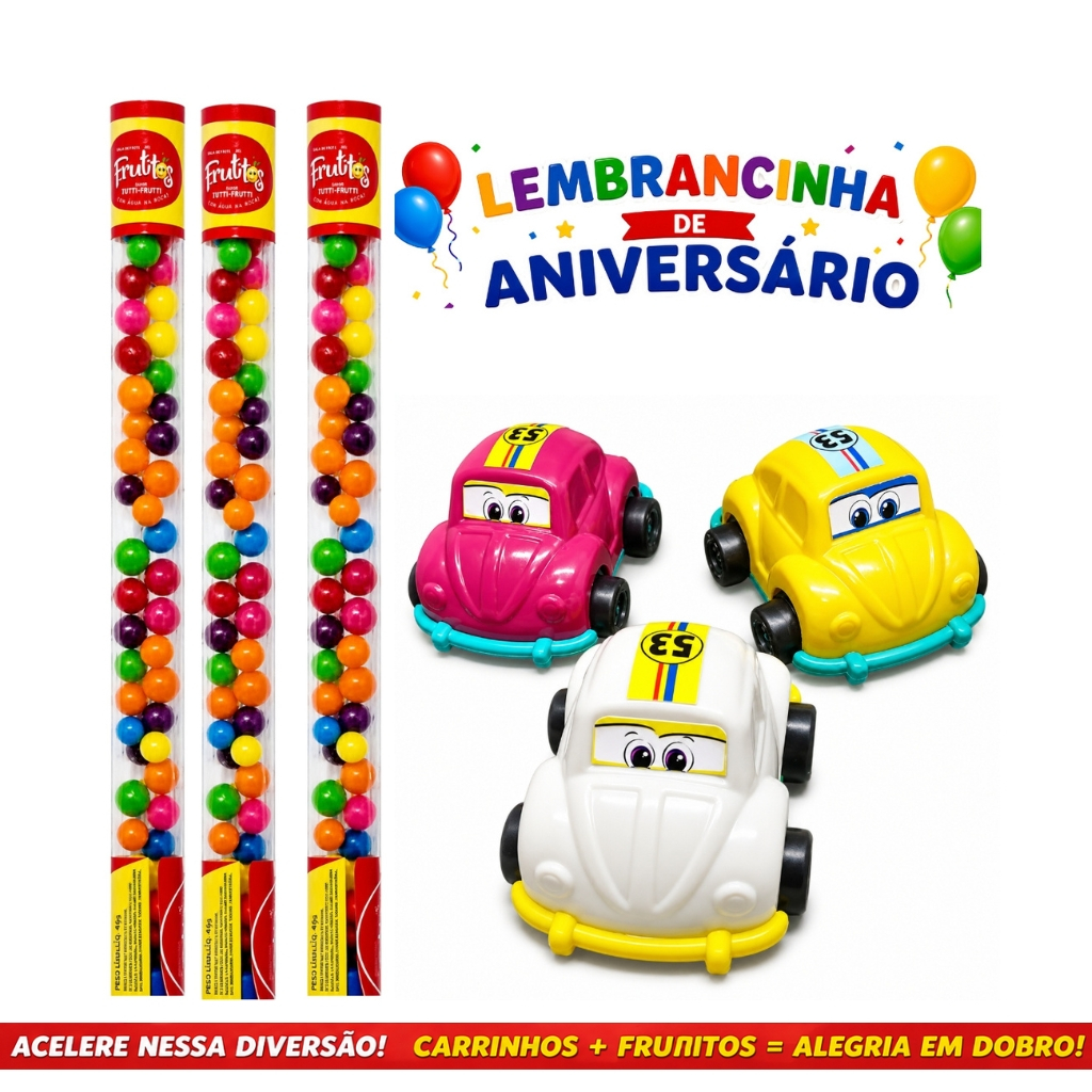 Kit 20 Itens (Tubinhos Balinhas Doce + Mini Fusca Cartoon) Lembrancinha aniversário Festa Infantil