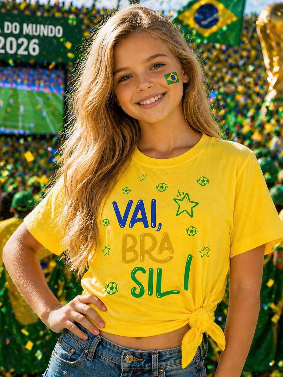 Camiseta Infantil Vai Brasil Copa 2026 Menina Seleção Brasileira Torcida Futebol Camisa Infantil Verde Amarelo Algodão