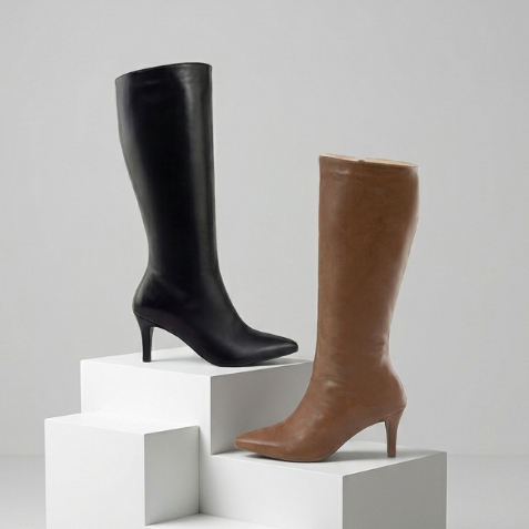 Bota Cano Alto Longo Feminina Salto Médio Baixo 7cm Bico Fino Social Elegante Clássica Casual Preto Caramelo Torricella