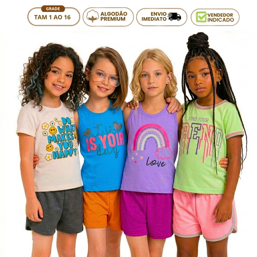 Kit 6 Peças Roupa Infantil Menina Verão Atacado Conjuntos 3 Camiseta Algodão 3 Shorts Barato 1 ao 16