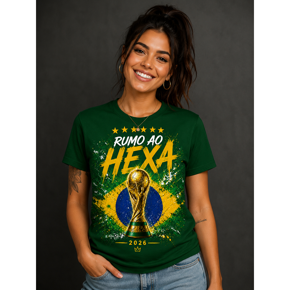 Camiseta Brasil Rumo ao Hexa 2026 Copa do Mundo Estampa Full Print Verde Masculina/Feminina Streetwear