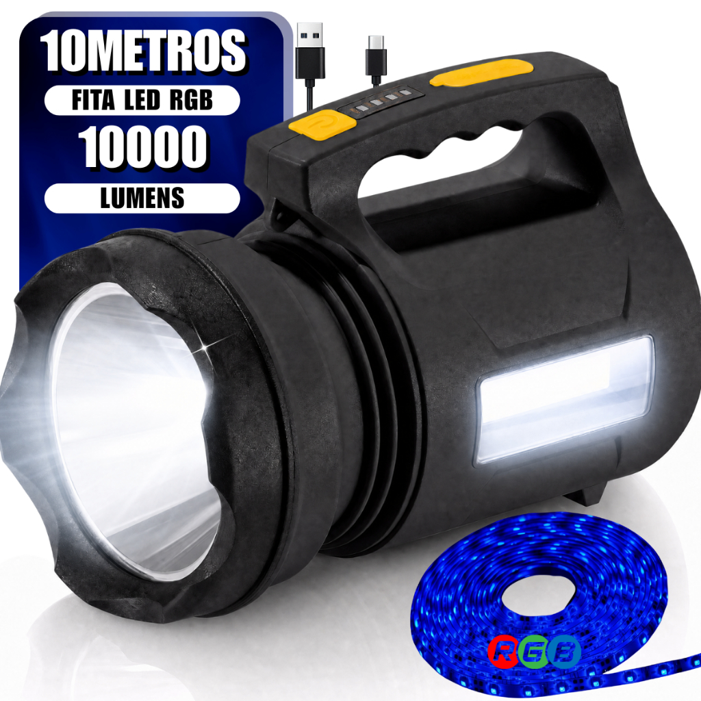 Lanterna Holofote LED Alta Potência Recarregável 3 em 1 com Fita RGB 10m Camping Pesca IPX6 2KM