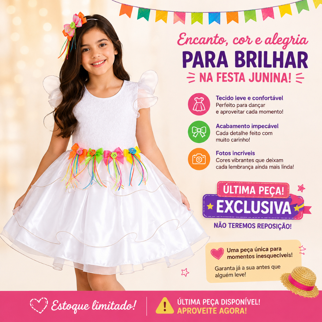 VESTIDO INFANTIL FESTA JUNINA BRANCO NOIVA CAIPIRA, VESTIDO ARRAIÁ SÃO JOÃO NOIVINHA LUXO MENINA