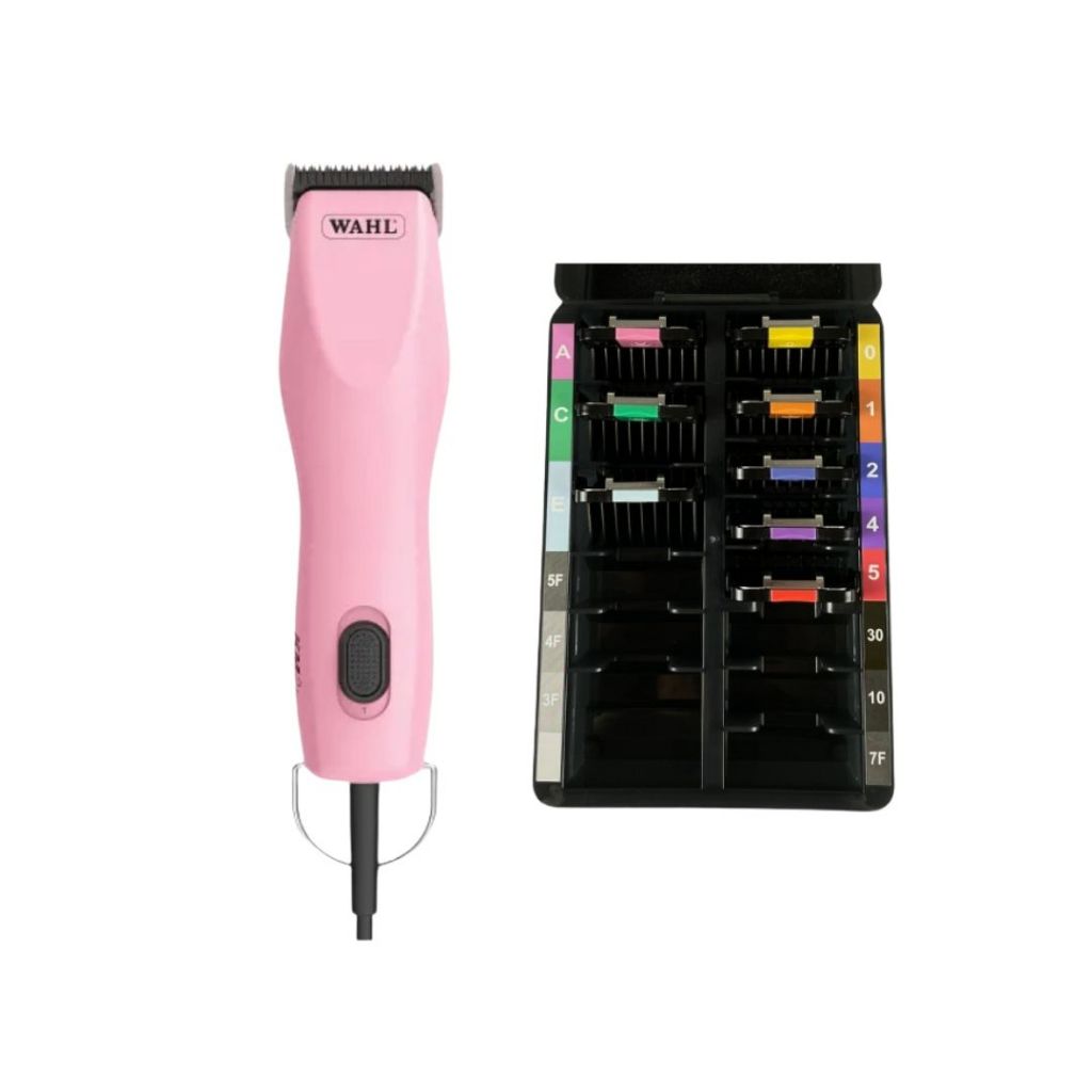 Kit Máquina de Tosa Wahl KM2 Rosa Com Fio + Snaps Adaptadores MBS com Porta Lâminas