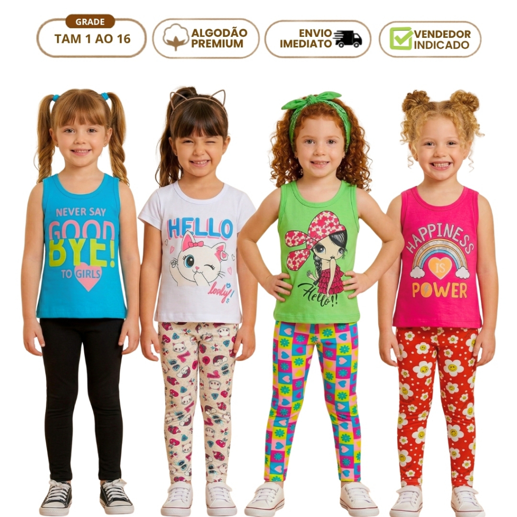 Kit 4 Peças Conjunto Infantil Menina Verão Juvenil 2 Legging Legue 2 Camiseta Manga Curta Algodão 1 ao 16