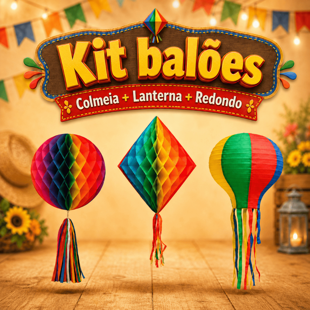 Kit  Decoração Festa Junina 3  6 9 balões  Colmeia redondo,  Colmeia e Lanterna São joão