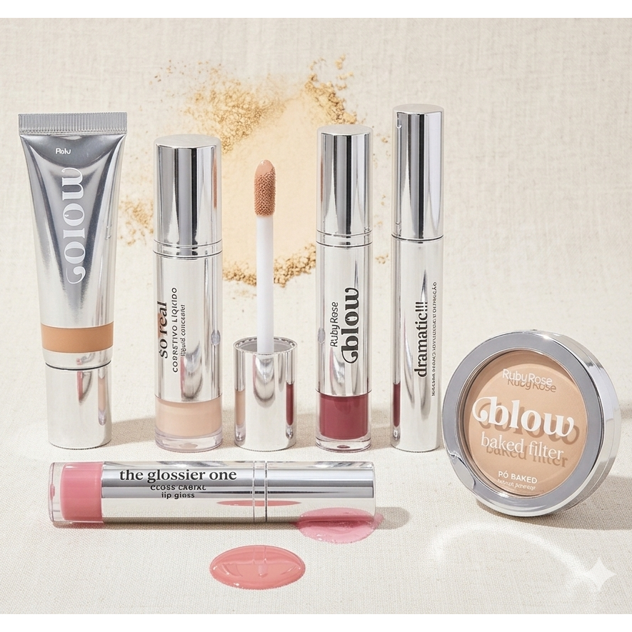 KIT BLOW RUBY ROSE - PÒ COMPACTO/ BASE /CORRETIVO/ BATOM EFEITO MATTE/ GLOSS LABIAL/ RÍMEL