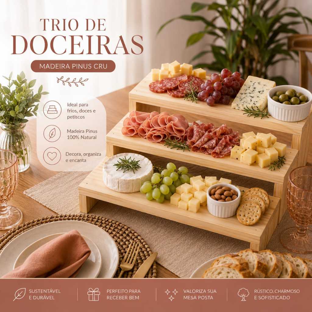 Trio De Doceiras Expositor Madeira Pinus Suporte Para Doce Decoração Festa Na Mesa Escadinha Cupcake