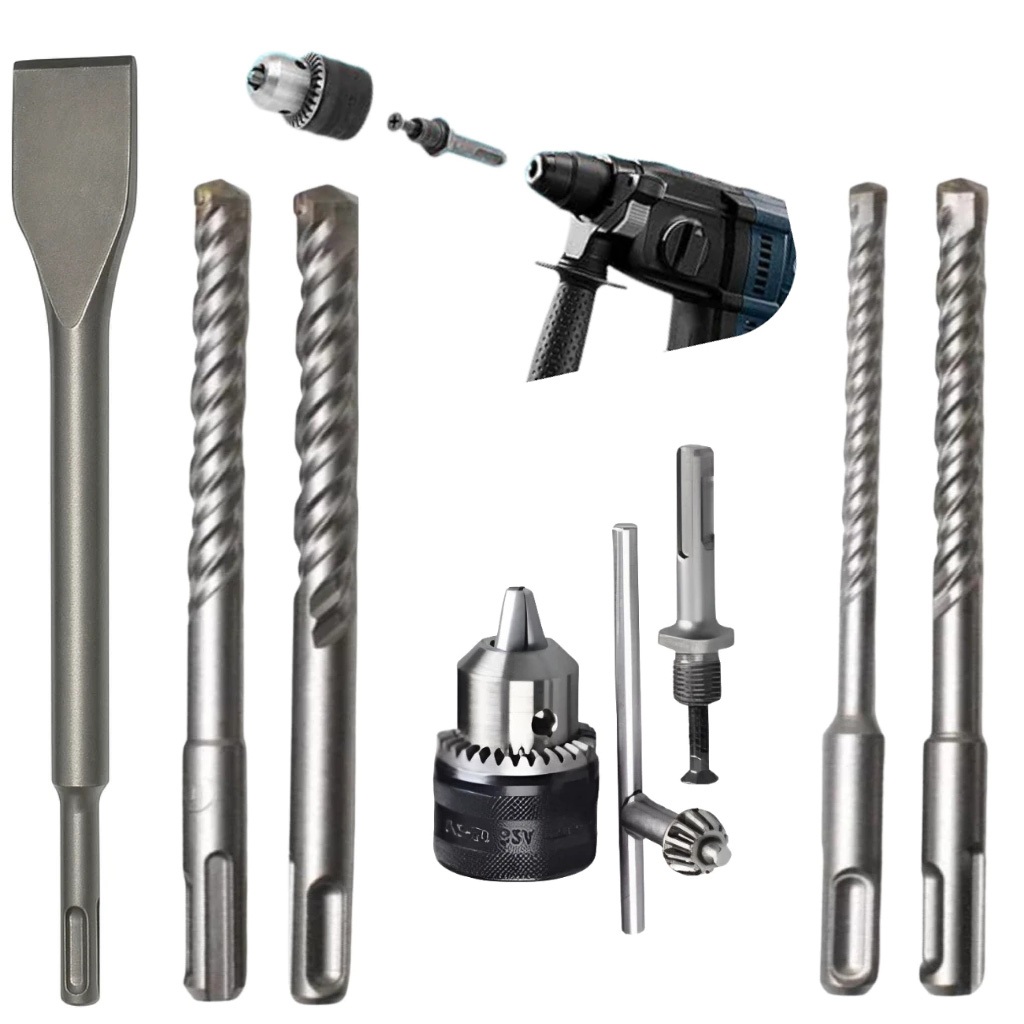 Kit SDS Plus: Furadeira de impacto, broca, cinzel, mandril, adaptador profissional para concreto.