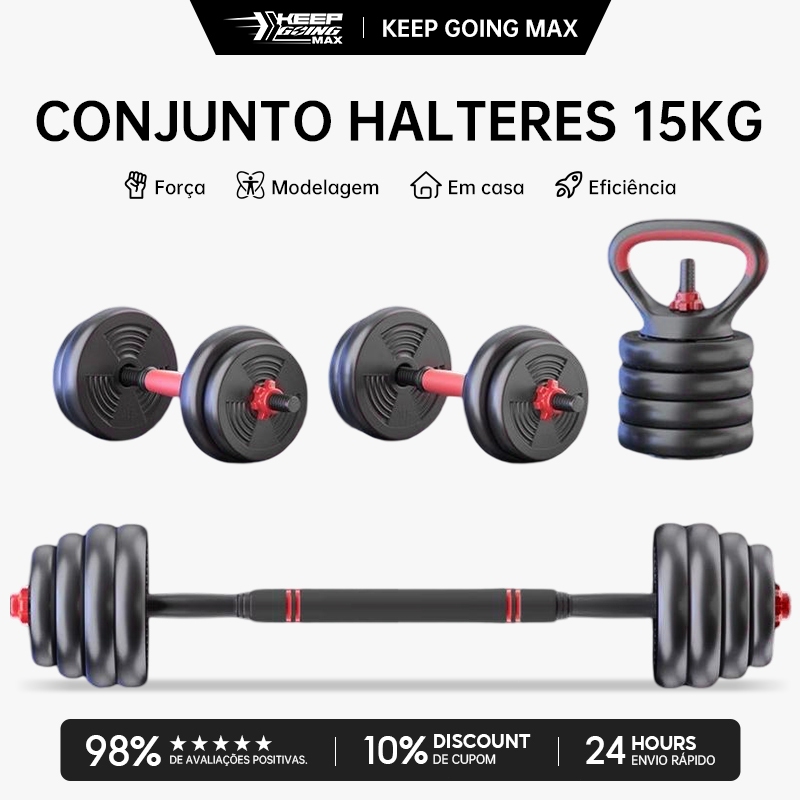 KEEP Kit 15kg - Halteres, Anilhas, Barras e kettlebell Ajustáveis - Treino em Casa Musculação