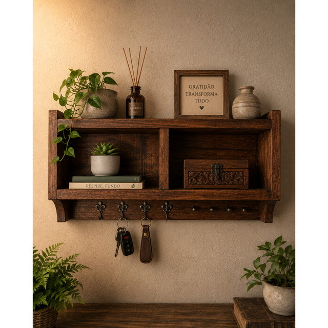 Prateleira com Porta Chaves Decorativo // Prateleira multiuso // Chaveiro de Parede Feito em Madeira