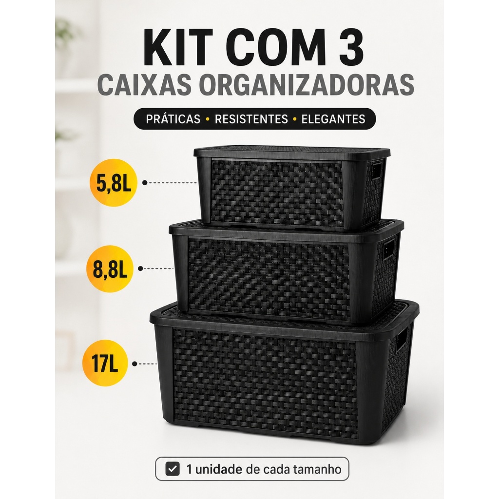 Kit 3 Caixa Organizadora Rattan com Tampa Preta 5,8L 8,8L 17L Empilháveis Multiuso Resistente Organizador guarda roupa