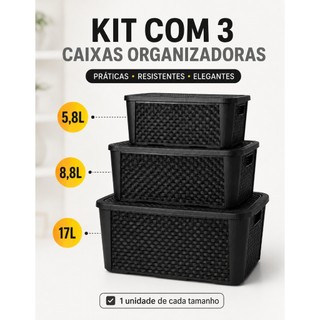 Kit 3 Caixa Organizadora Rattan com Tampa Preta 5,8L 8,8L 17L Empilháveis Multiuso Resistente Organizador guarda roupa