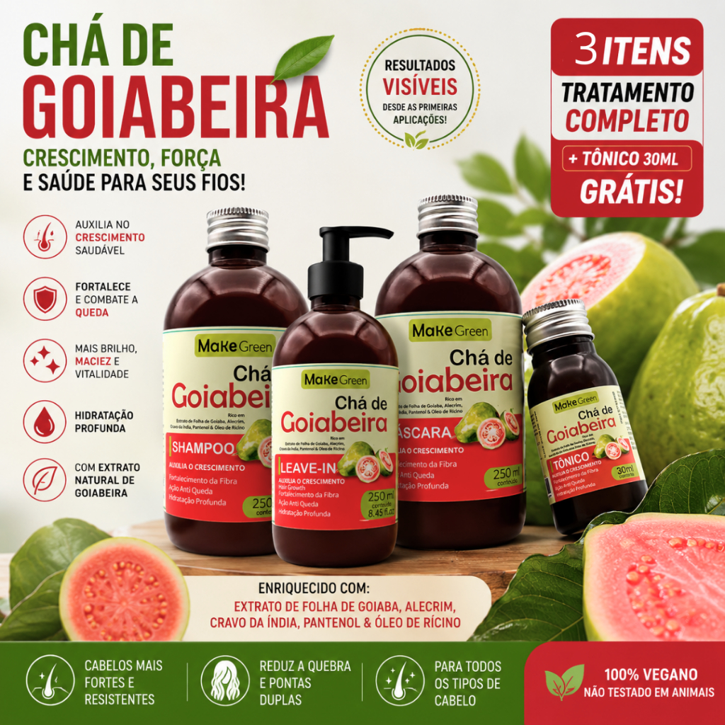 Linha Capilar Cresce Cabelo Chá de Goiabeira Make Green Shampoo 250ml Máscara 250ml Leave In e Tônico 30ml e Anti queda