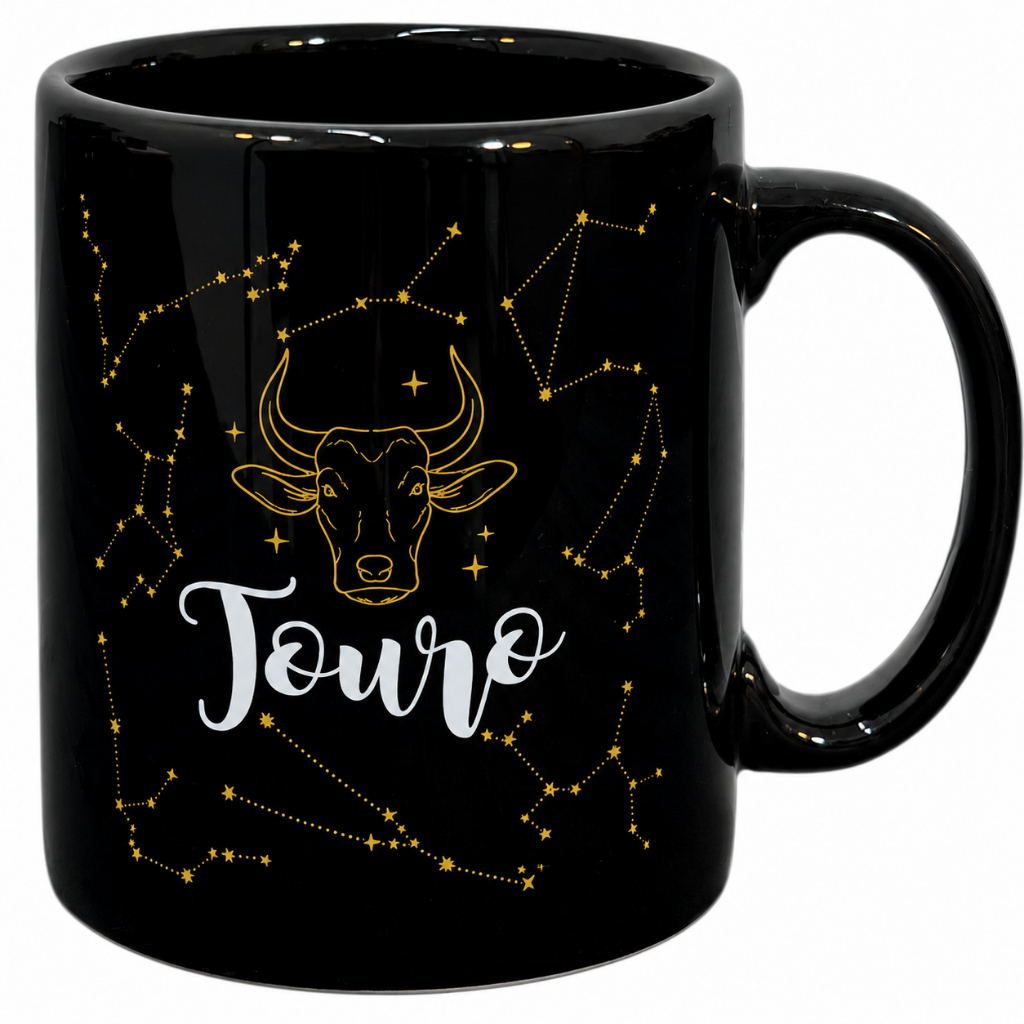 Imagem Caneca Signo Touro Cerâmica Preta 320ml | Constelação Zodíaco Presente Astrologia