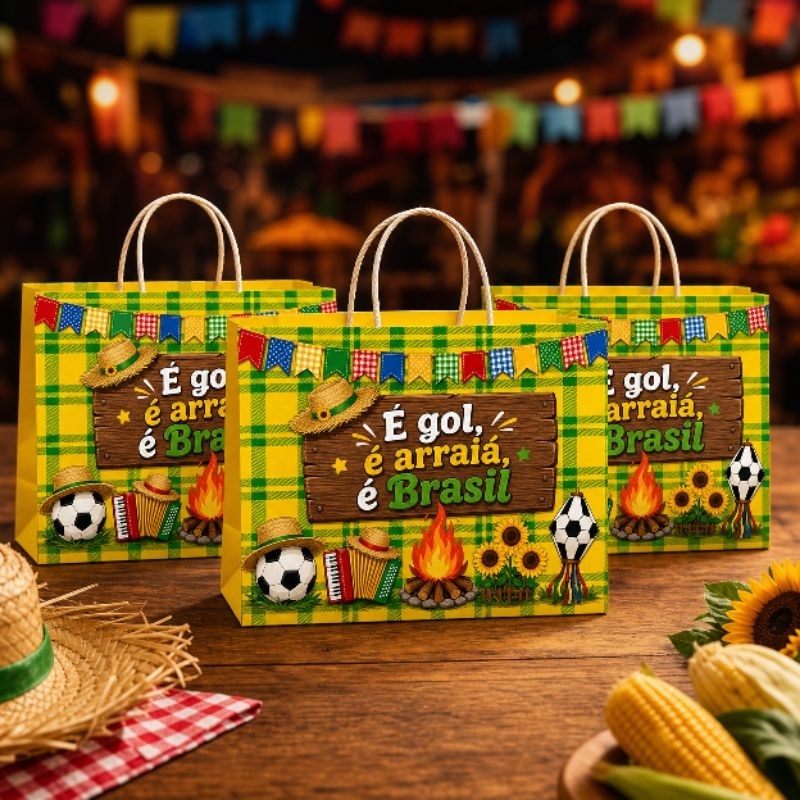Kit 10 Sacolinhas Personalizadas Festa  Futebol Brasil Lembrancinha Infantil Pegue e monte