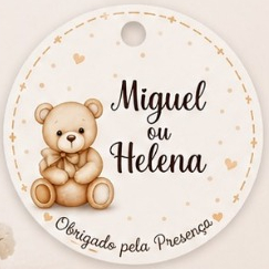 Tag c/ furo para Chá Revelação Ursinho Bege- Marrom Redonda 4cm /Lembrancinha de chá Bebê